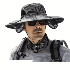 Outdoor Wide Brim Sun Hat with 2 Solar Fan Sun Bucket Hat for Men Women UPF 50+ Bucket Fishing & Beach Hat with Fan Built in. (Color: A_light Gray)