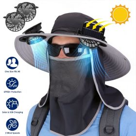 2 In 1 Solar Fan Hat UPF50+ Sun Hat With Fans Wide Brim Fishing Hat with Face Cover Neck Flap Solar USB Charging for Hiking Gardening Outdoor Work (Color: DarkGrey)