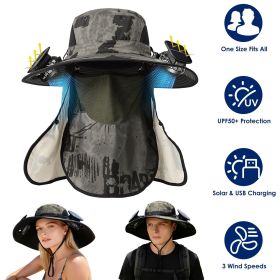 2 In 1 Solar Fan Hat UPF50+ Sun Hat With Fans Wide Brim Fishing Hat with Face Cover Neck Flap Solar USB Charging for Hiking Gardening Outdoor Work (Color: ArmyGreenInk)
