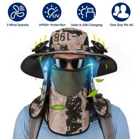 2 In 1 Solar Fan Hat UPF50+ Sun Hat With Fans Wide Brim Fishing Hat with Face Cover Neck Flap Solar USB Charging for Hiking Gardening Outdoor Work (Color: KhakiInk)