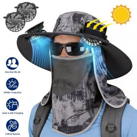 2 In 1 Solar Fan Hat UPF50+ Sun Hat With Fans Wide Brim Fishing Hat with Face Cover Neck Flap Solar USB Charging for Hiking Gardening Outdoor Work (Color: DarkGreyInk)