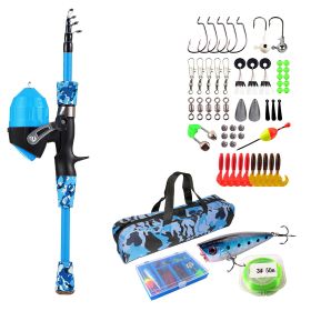 Kids Fishing Pole Set Fishing Starter Kit Telescopic Fishing Rod and Reel Combo Kit with Tackle Box 56Pcs Fishing Lures for Boys Girls (Color: Blue)