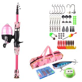 Kids Fishing Pole Set Fishing Starter Kit Telescopic Fishing Rod and Reel Combo Kit with Tackle Box 56Pcs Fishing Lures for Boys Girls (Color: Pink)